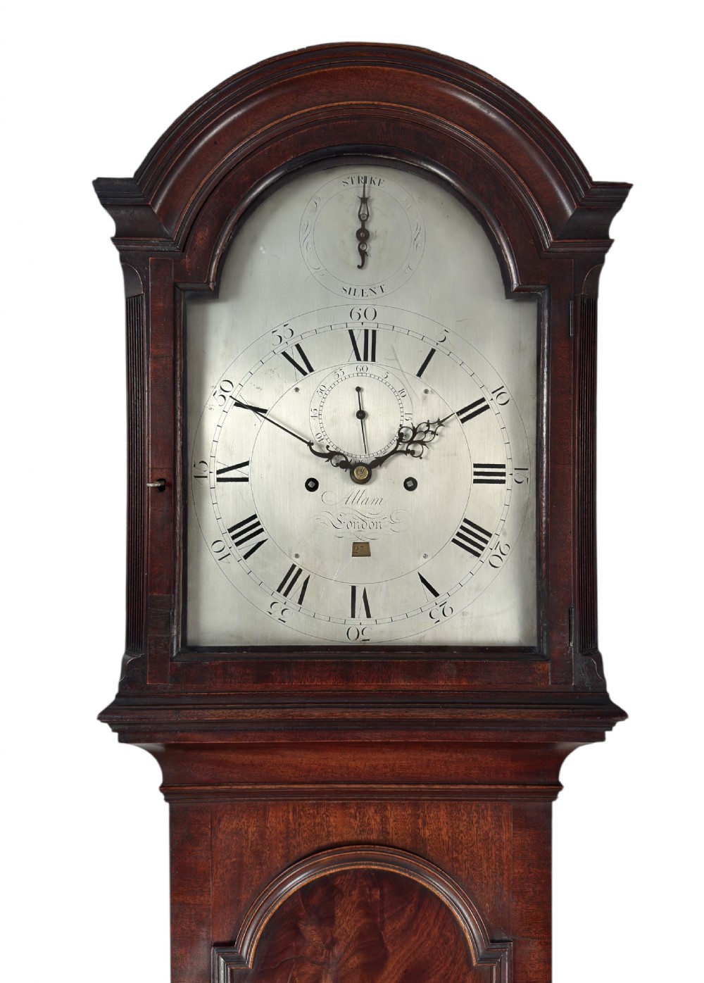 An 18th-century Georgian flame mahogany longcase clock featuring an arched hood, silvered dial with Roman numerals, and a tall wooden trunk. View II