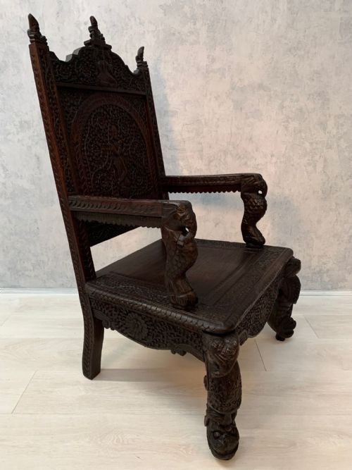 19TH PROFUSELY CARVED INDIAN MOGHUL ARMCHAIR - ADDITIONAL PHOTO 5