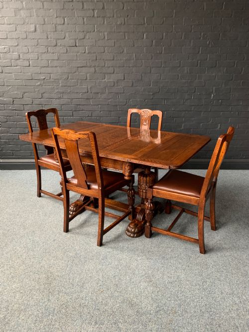 Antique Oak Draw -Leaf Refectory Table & Four Dining Chair