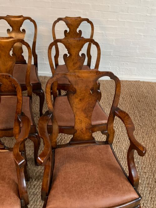 ELEGANT SET OF 6 QUEEN ANNE STYLE BURR WALNUT DINING CHAIRS NEWLY UPHOLSTERED - ADDITIONAL PHOTO 1