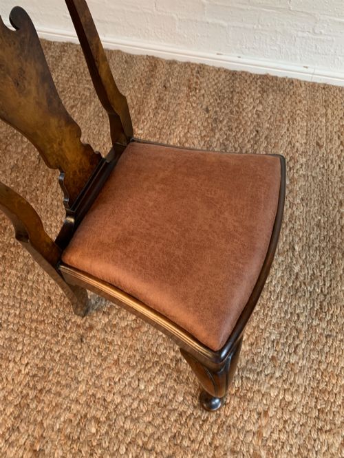 ELEGANT SET OF 6 QUEEN ANNE STYLE BURR WALNUT DINING CHAIRS NEWLY UPHOLSTERED - ADDITIONAL PHOTO 7