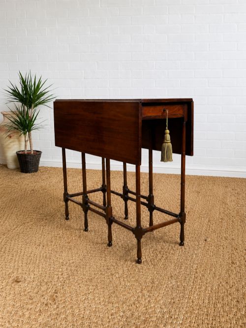 Elegant Edwardian Solid Mahogany Drop-leaf Side Table with Drawer & Bamboo-turned Legs
