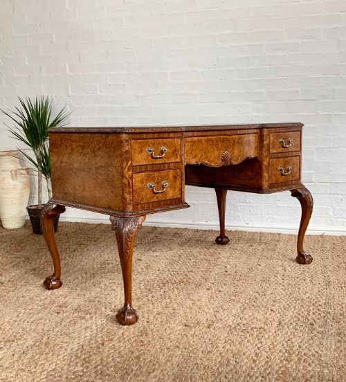 Walnut Kneehole Desk with Green Tooled Leather Writing Surface