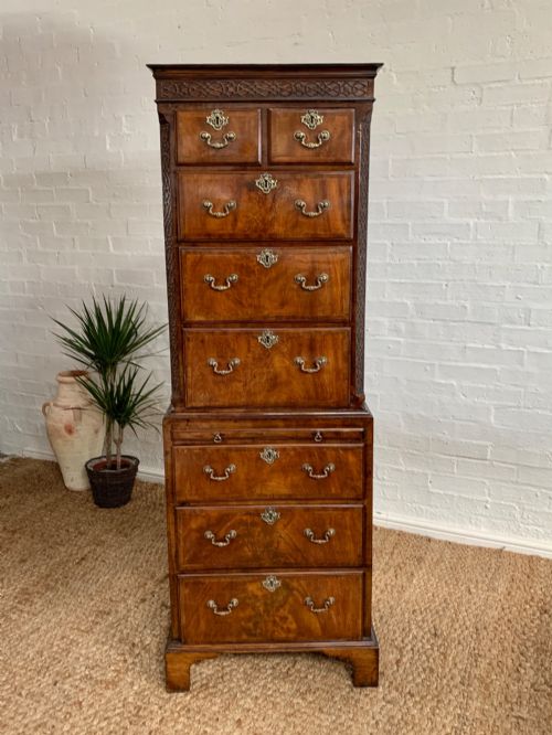 A Fine 19th Century George III Style Burr Walnut Tallboy Chest of Drawers