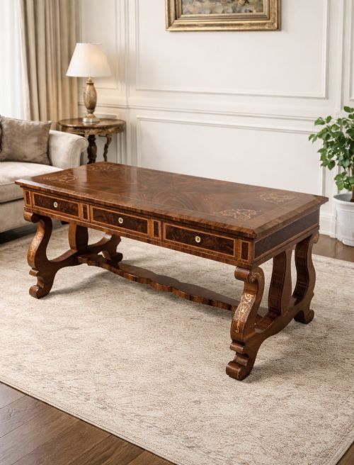 20th Century Walnut Inlaid Writing Desk / Library Table