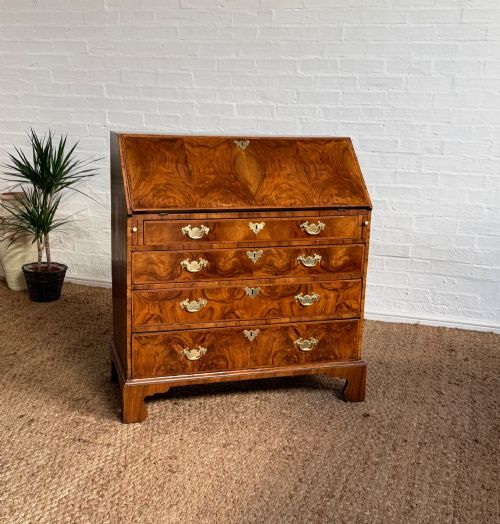 Superb Georgian Period Figured Walnut Bureau with Red Leather Writing Surface