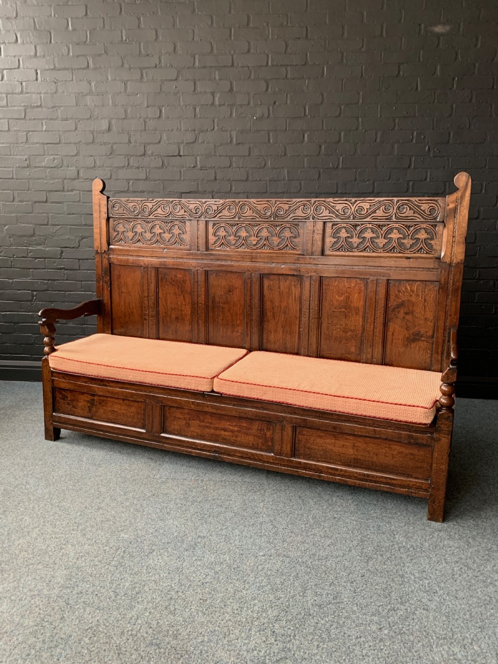 Carved Oak Hall Settle Bench 