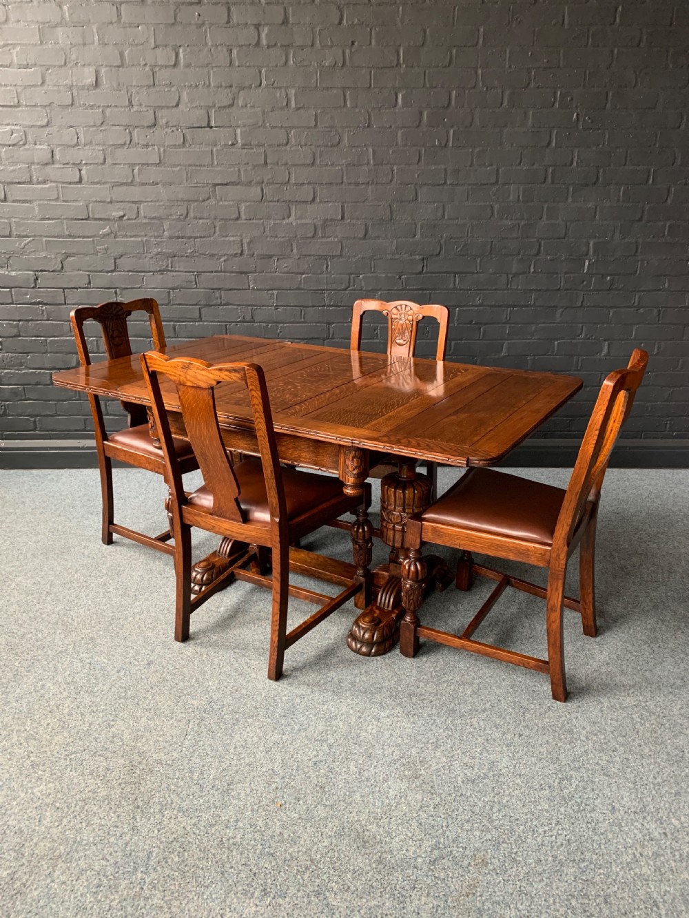 Antique Oak Draw -Leaf Refectory Table & Four Dining Chair