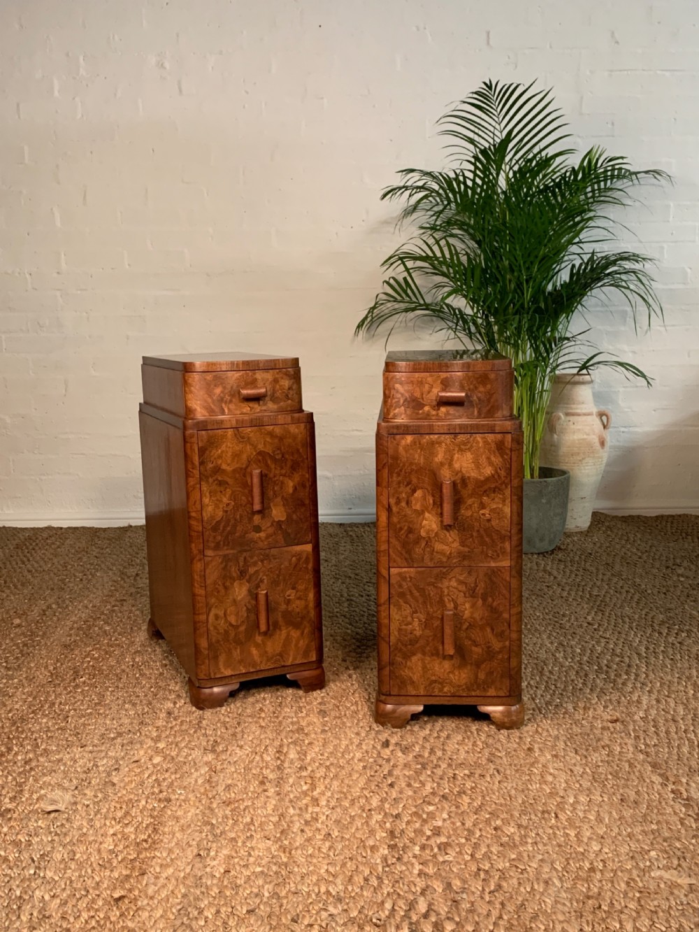 Pair Of Art Deco Burr Walnut Bedsides Cabinet