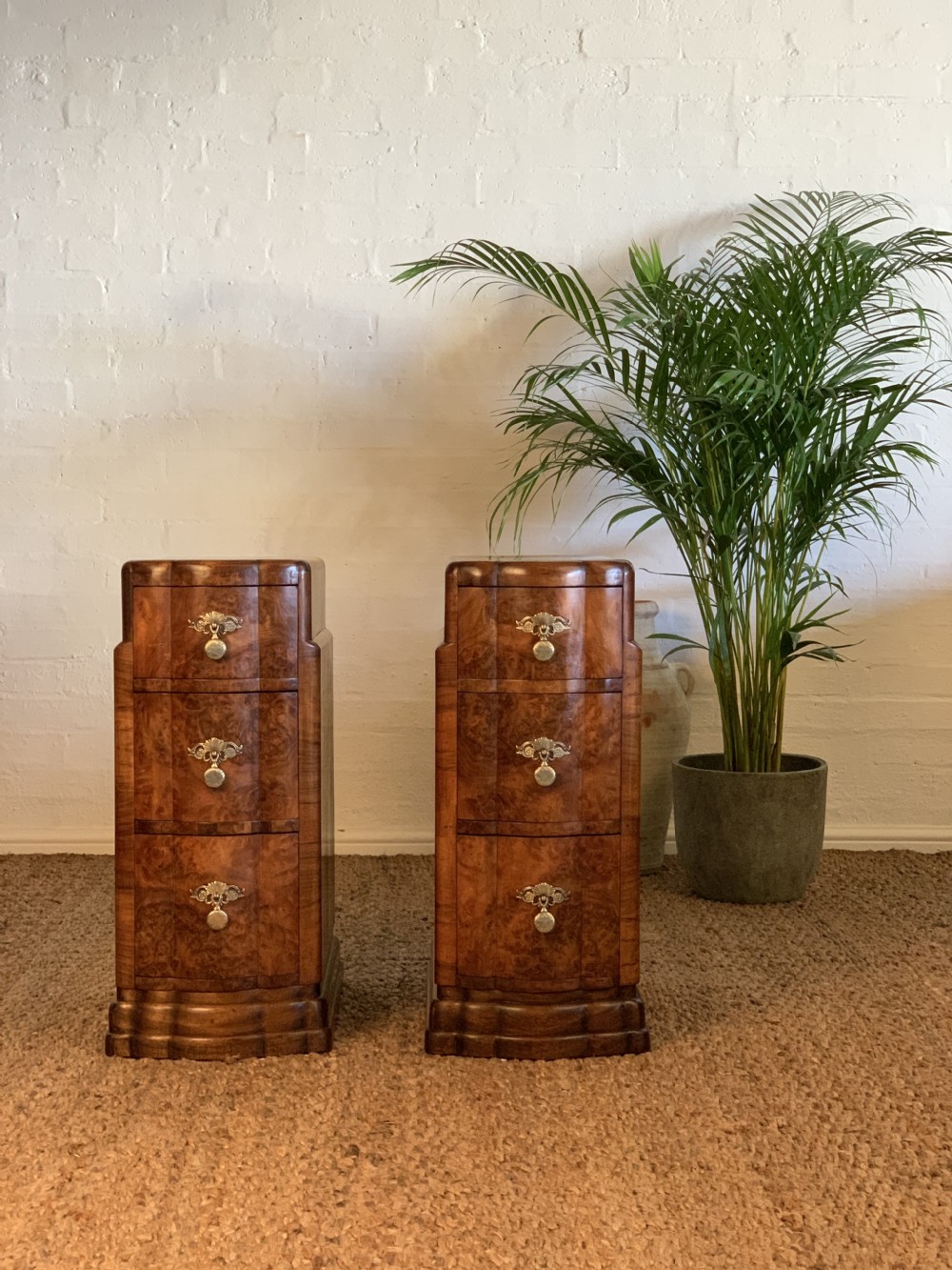 Pair Of Art Deco Burr Walnut Bedside Nightstands