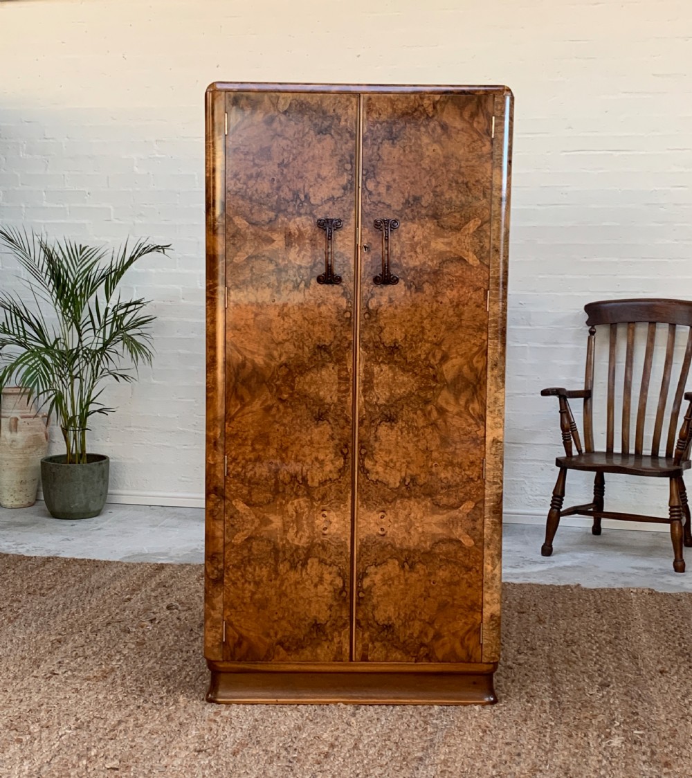 Small Art Deco Figured Walnut Wardrobe Armoire Tallboy