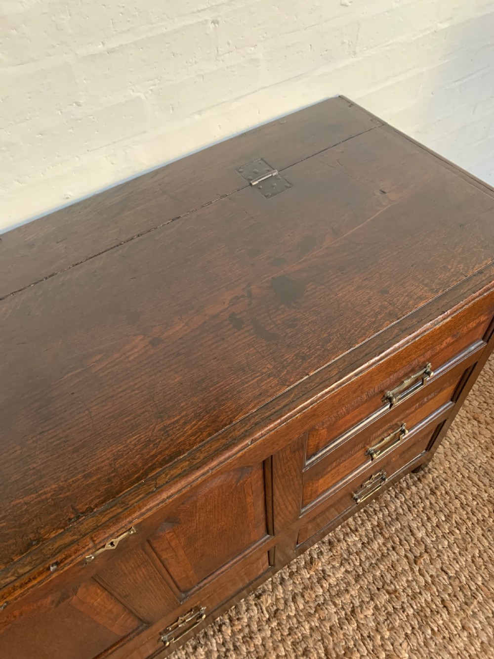 A dark oak mule chest featuring a hinged top, raised arched panels, multiple lower drawers, and brass batwing handles. View VI