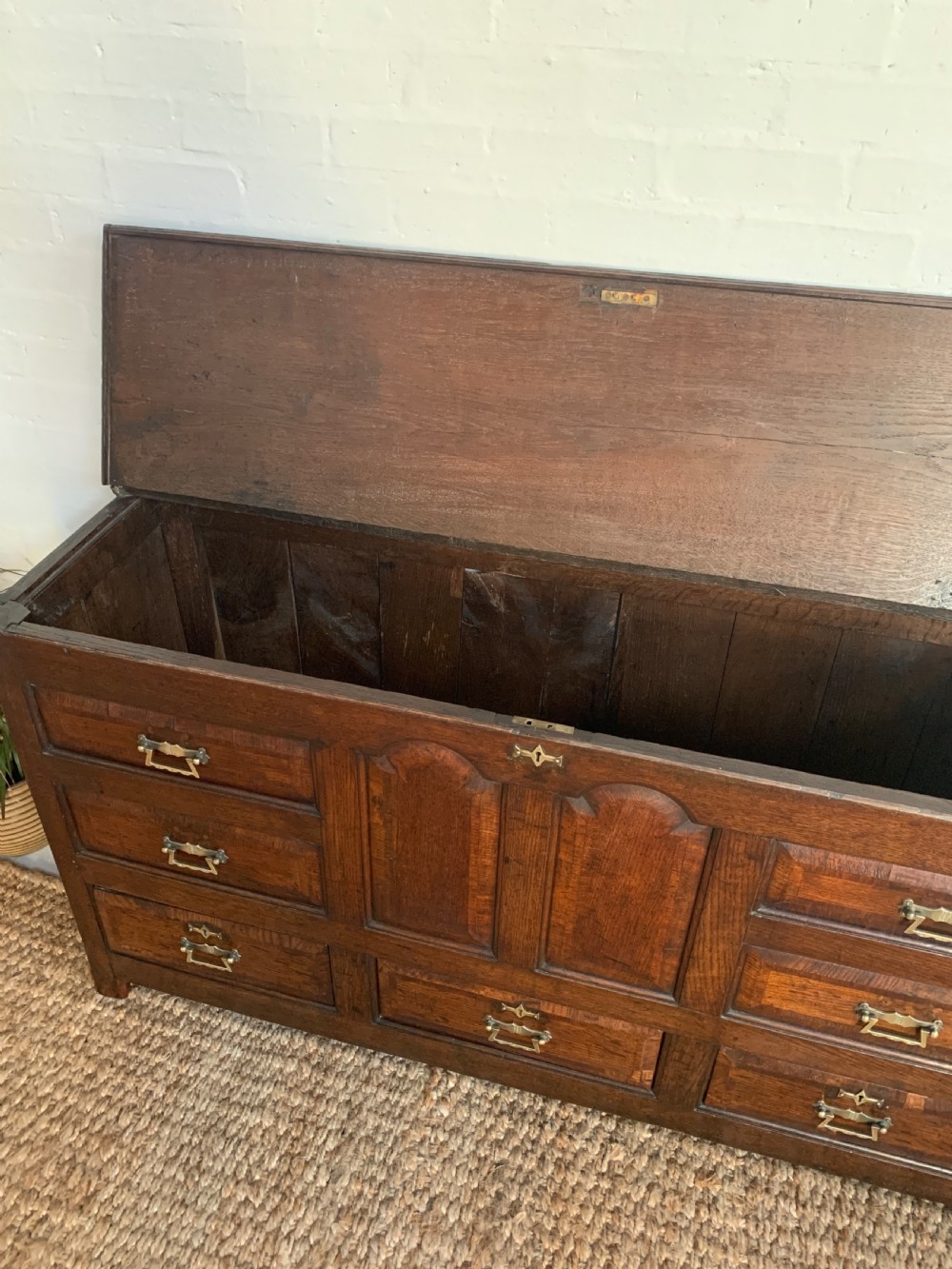 A dark oak mule chest featuring a hinged top, raised arched panels, multiple lower drawers, and brass batwing handles. View VII