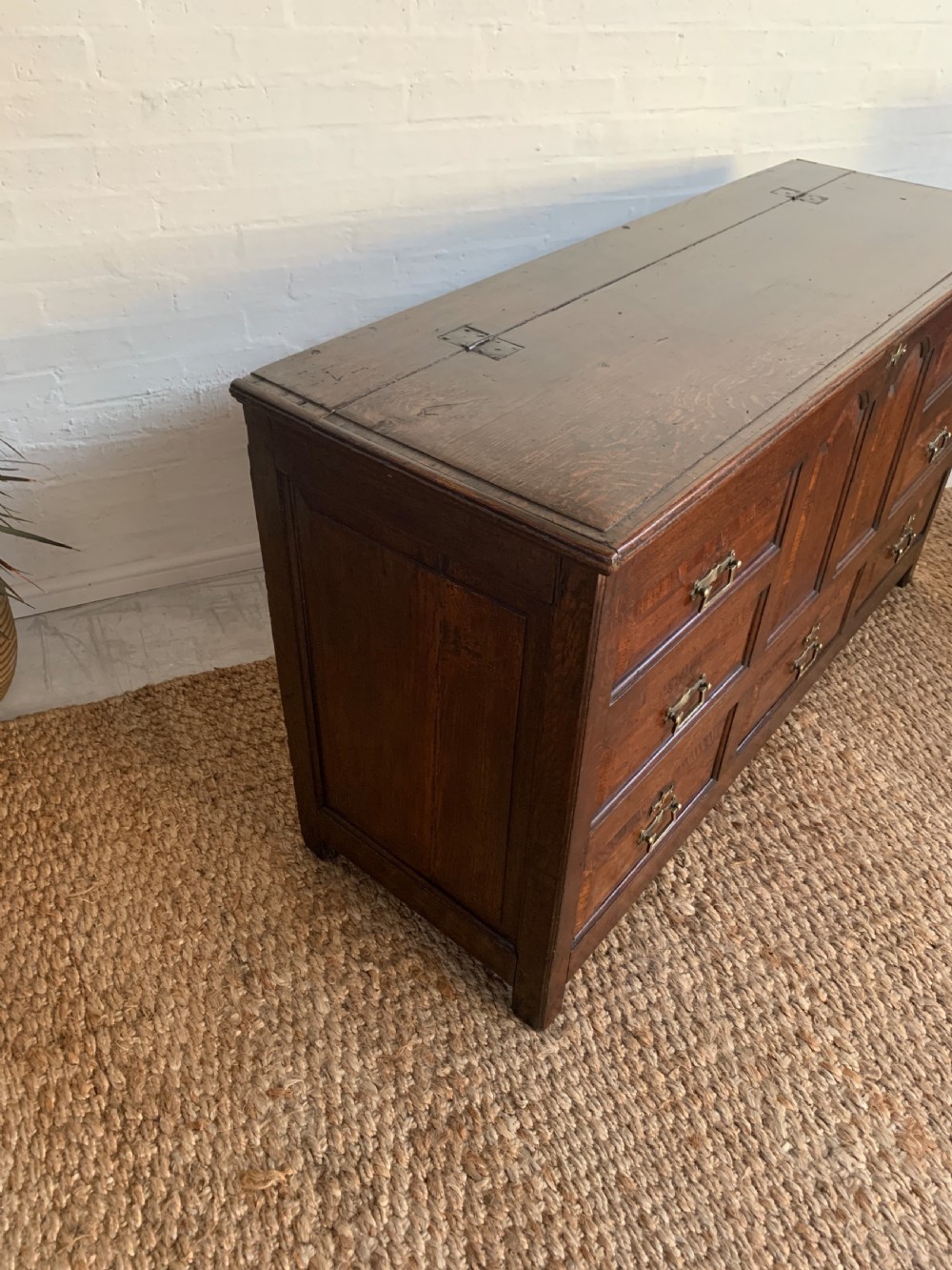 A dark oak mule chest featuring a hinged top, raised arched panels, multiple lower drawers, and brass batwing handles. View X