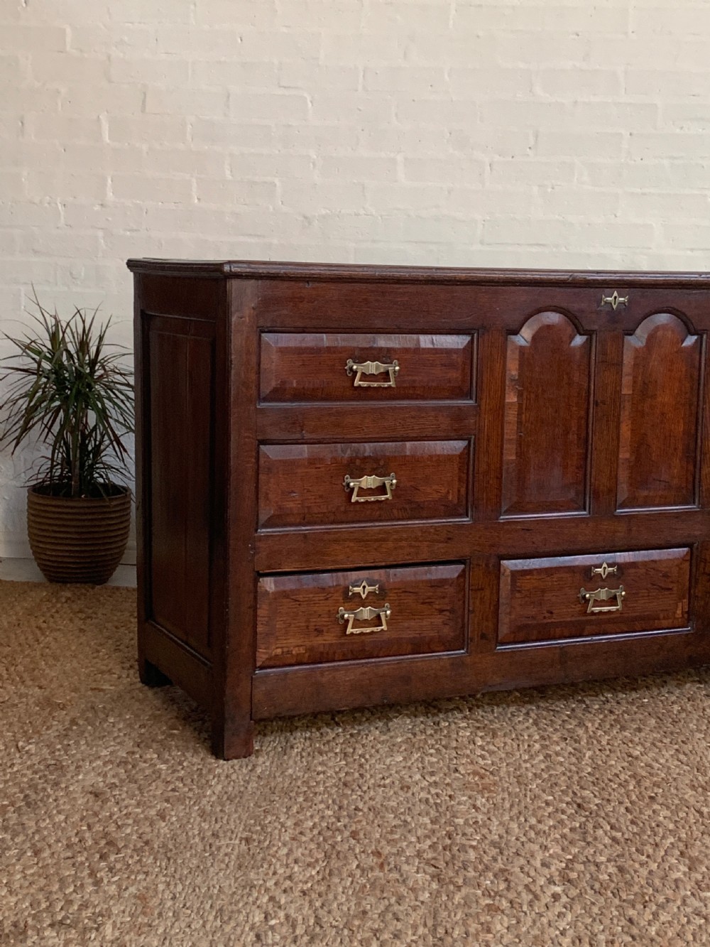 A dark oak mule chest featuring a hinged top, raised arched panels, multiple lower drawers, and brass batwing handles. View XVII