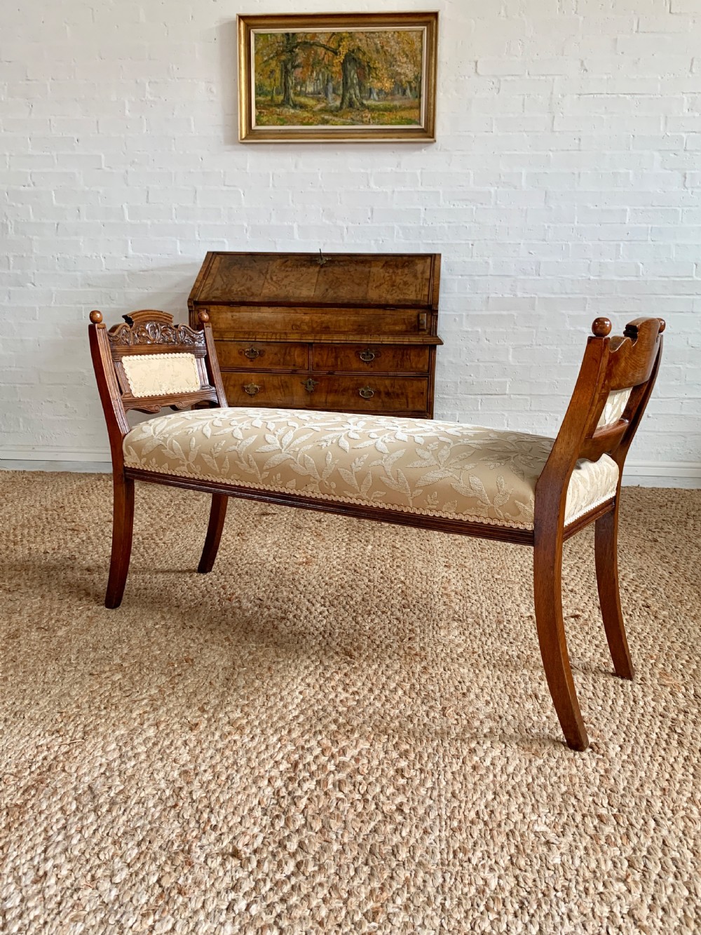 Antique Walnut Window Seat / Bedroom Bench – Carved Detail View II