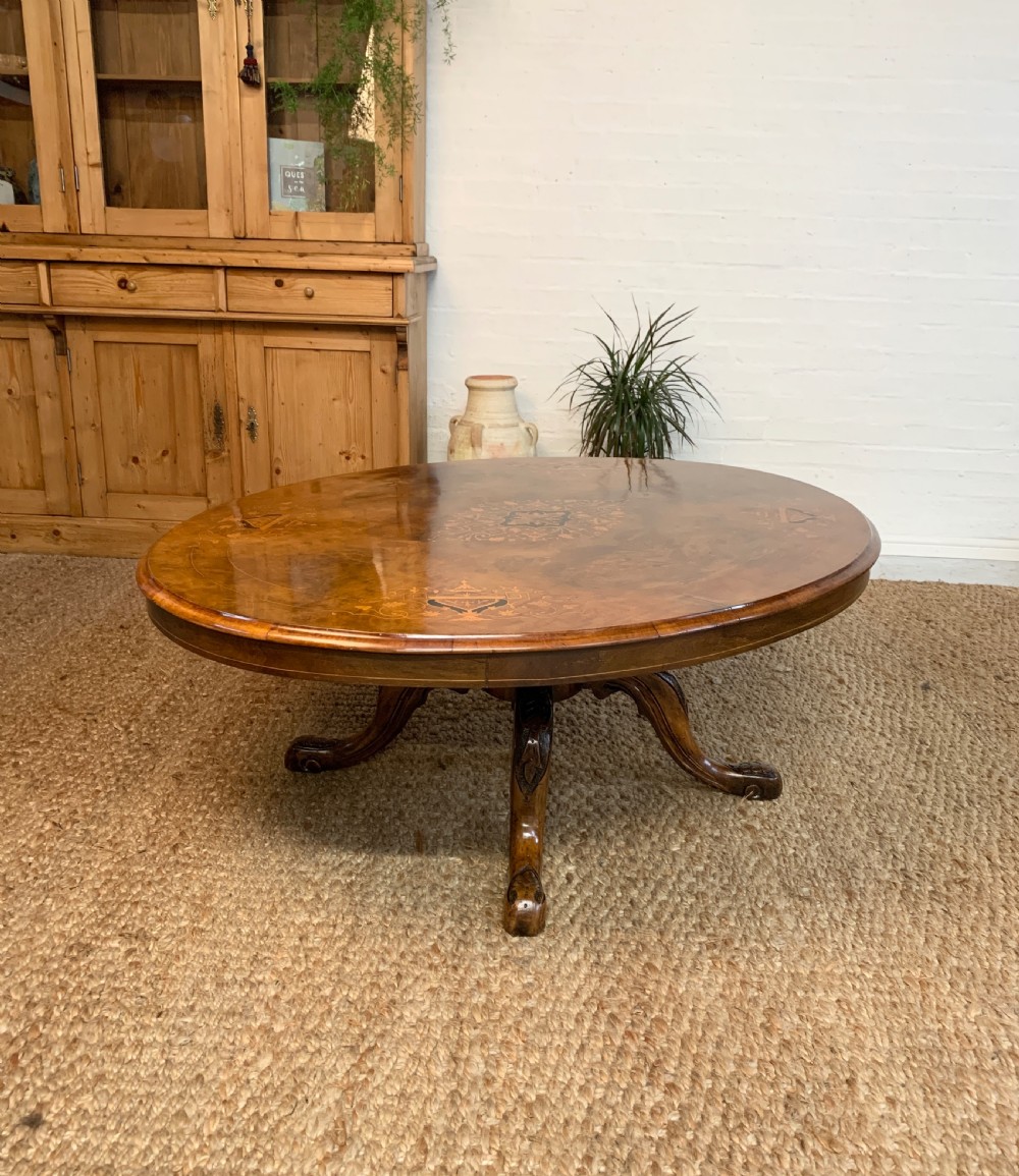 Victorian Burr Walnut Coffee Table with Intricate Inlay Design