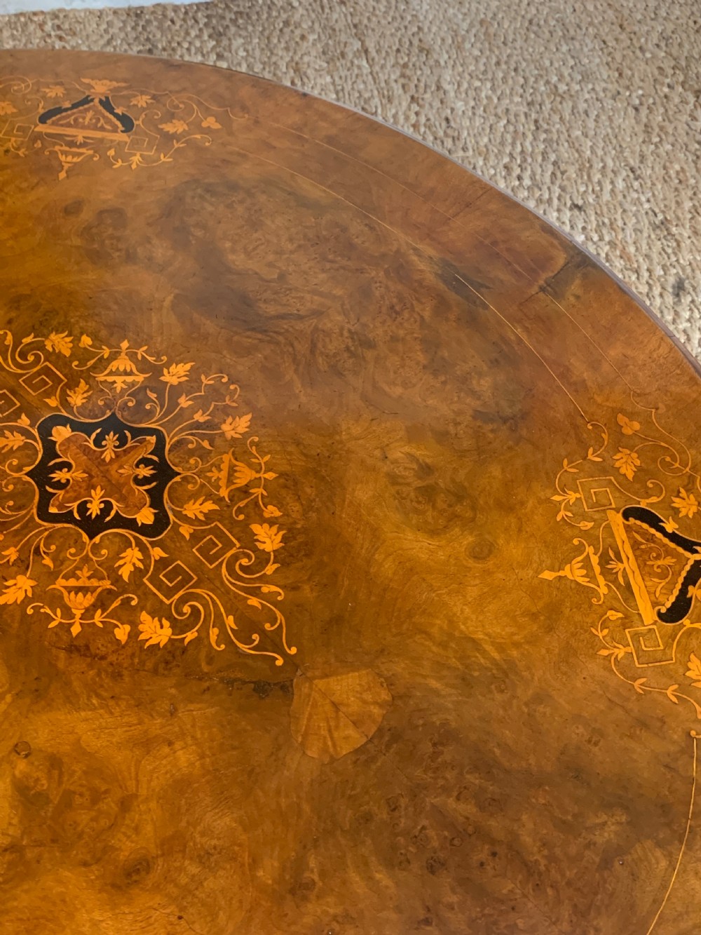 Victorian Burr Walnut Coffee Table with Intricate Inlay Design View II