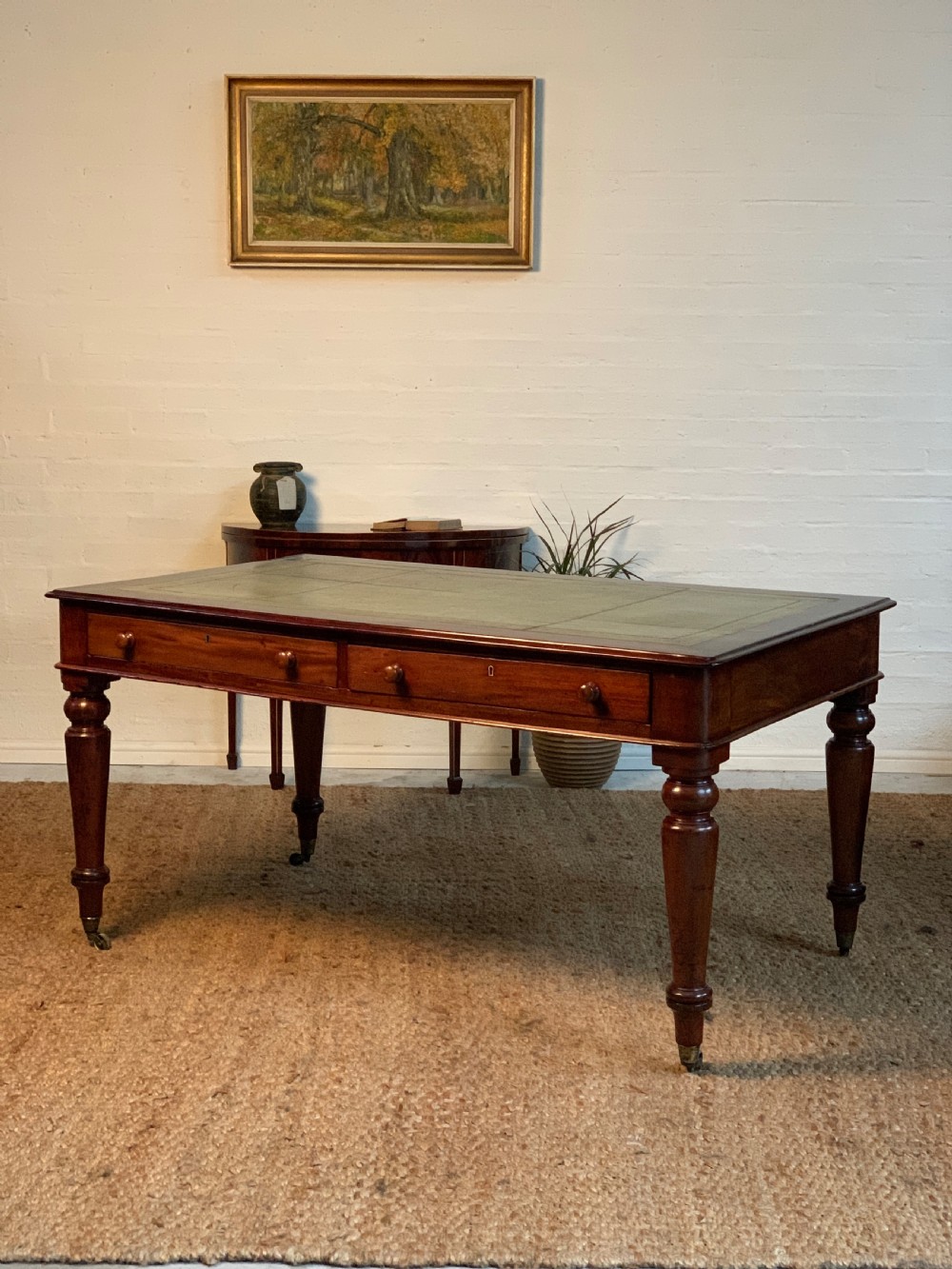 Antique Victorian Mahogany Partner Desk with Olive Tooled Leather Top (c. 19th Century)