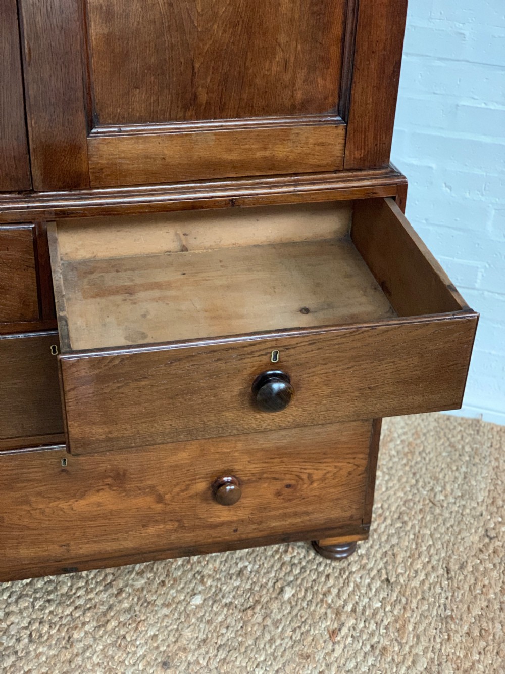 18th Century Oak Linen Press – Solid Oak, Sliding Shelves View III