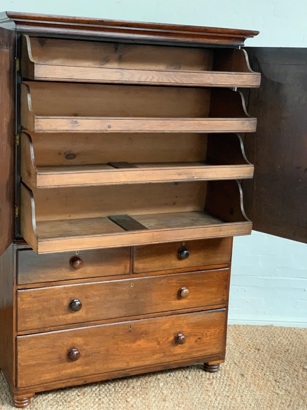 18th Century Oak Linen Press – Solid Oak, Sliding Shelves View V