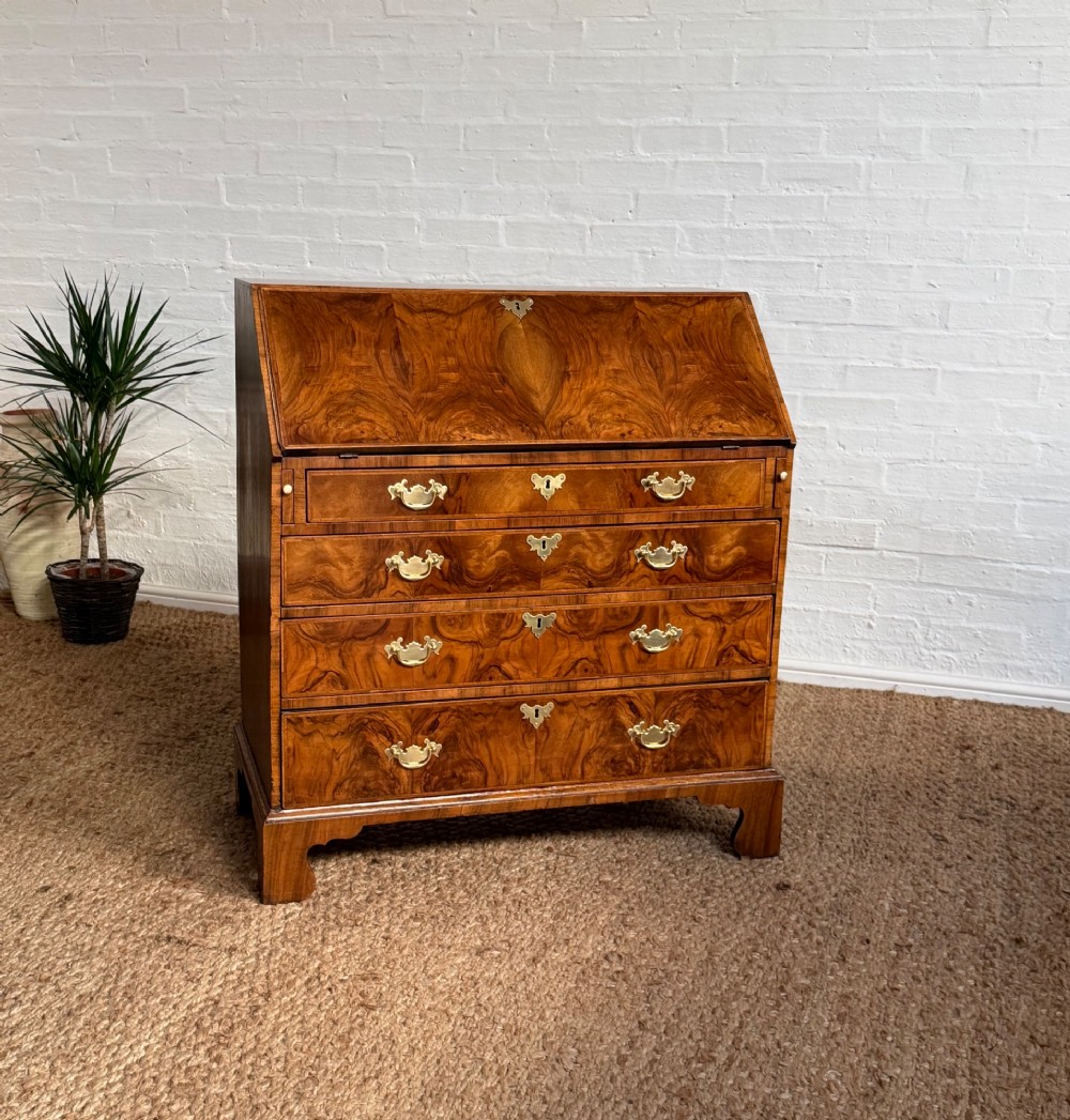Superb Georgian Period Figured Walnut Bureau with Red Leather Writing Surface