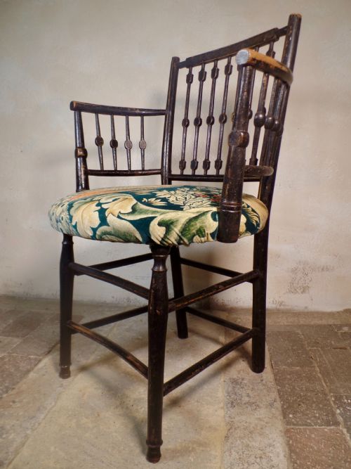antique arts crafts ebonised gilt sussex chair william morris fabric seat elbow - CATEGORY: ANTIQUE CHAIRS - DATED 19TH CENTURY
