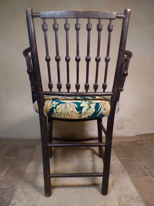 ANTIQUE ARTS CRAFTS EBONISED GILT SUSSEX CHAIR WILLIAM MORRIS FABRIC SEAT ELBOW - ADDITIONAL PHOTO 3
