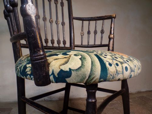 ANTIQUE ARTS CRAFTS EBONISED GILT SUSSEX CHAIR WILLIAM MORRIS FABRIC SEAT ELBOW - ADDITIONAL PHOTO 7