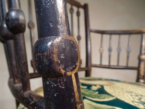 ANTIQUE ARTS CRAFTS EBONISED GILT SUSSEX CHAIR WILLIAM MORRIS FABRIC SEAT ELBOW - ADDITIONAL PHOTO 8
