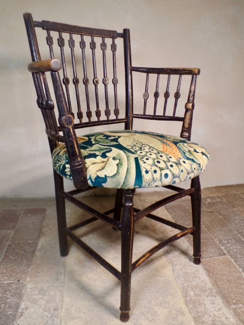 ANTIQUE ARTS CRAFTS EBONISED GILT SUSSEX CHAIR WILLIAM MORRIS FABRIC SEAT ELBOW - ADDITIONAL PHOTO 9