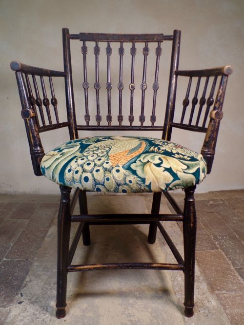 ANTIQUE ARTS CRAFTS EBONISED GILT SUSSEX CHAIR WILLIAM MORRIS FABRIC SEAT ELBOW - ADDITIONAL PHOTO 12