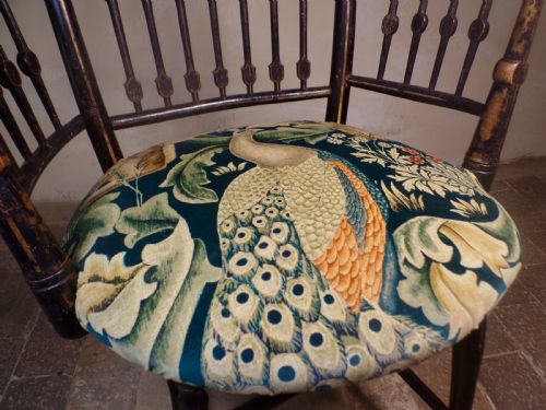 ANTIQUE ARTS CRAFTS EBONISED GILT SUSSEX CHAIR WILLIAM MORRIS FABRIC SEAT ELBOW - ADDITIONAL PHOTO 13