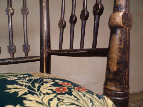 ANTIQUE ARTS CRAFTS EBONISED GILT SUSSEX CHAIR WILLIAM MORRIS FABRIC SEAT ELBOW - ADDITIONAL PHOTO 14