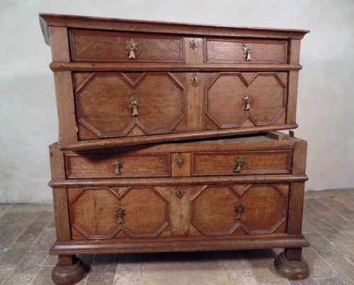 rare antique 17th century oak two part chest of drawers carved moulded - CATEGORY: ANTIQUE CHEST OF DRAWERS - DATED 17TH CENTURY
