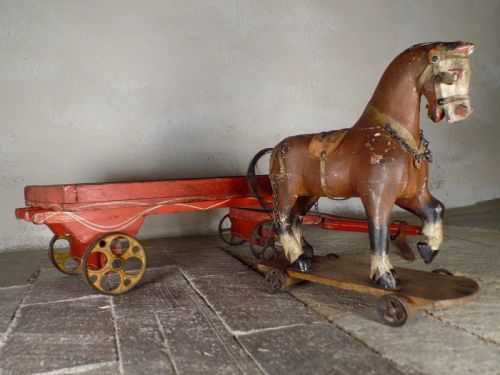 A DECORATIVE ANTIQUE 19TH CENTURY PAINTED POLYCHROME FOLK CARVED PULL HORSE TOY - ADDITIONAL PHOTO 11