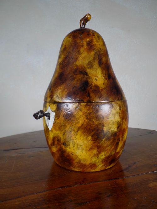 AN ANTIQUE PEAR TEA CADDY KEY FRUITWOOD FAUX TORTOISE SHELL DECORATIVE PAINT - ADDITIONAL PHOTO 2