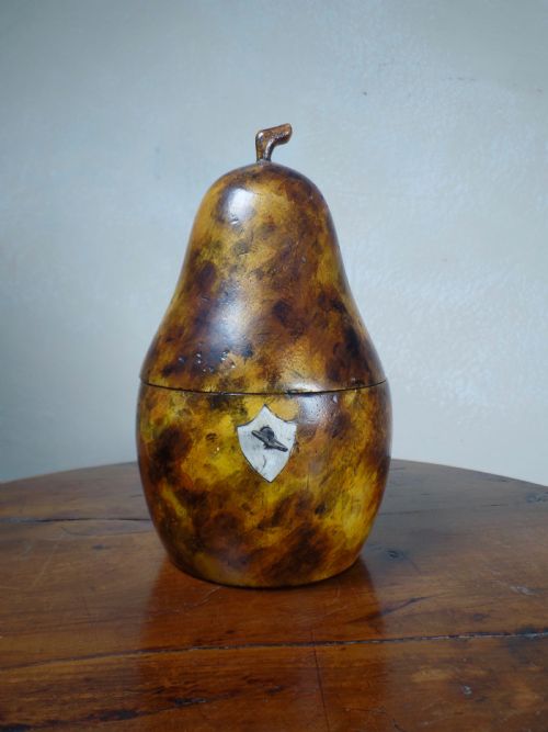 AN ANTIQUE PEAR TEA CADDY KEY FRUITWOOD FAUX TORTOISE SHELL DECORATIVE PAINT - ADDITIONAL PHOTO 6