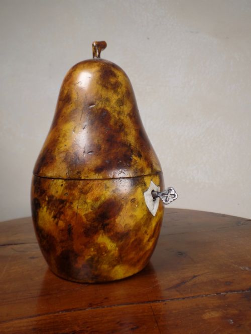 AN ANTIQUE PEAR TEA CADDY KEY FRUITWOOD FAUX TORTOISE SHELL DECORATIVE PAINT - ADDITIONAL PHOTO 8