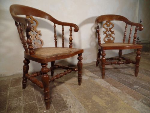a pair of antique oak scroll captains smoker bow arm chairs with bergere seat - CATEGORY: ANTIQUE CHAIRS - DATED 19TH CENTURY