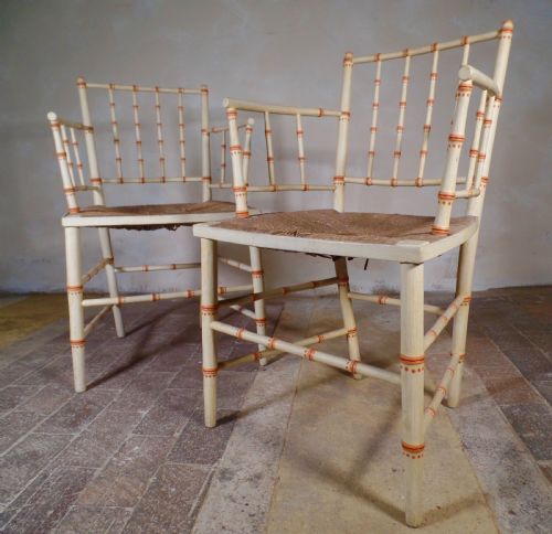 pair of antique faux bamboo elbow sussex rush seat paint chair - CATEGORY: ANTIQUE CHAIRS - DATED 18TH CENTURY