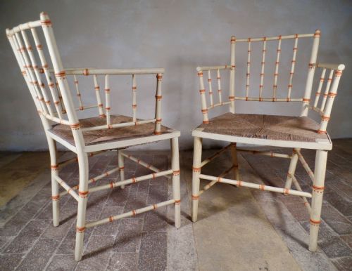 PAIR OF ANTIQUE FAUX BAMBOO ELBOW SUSSEX RUSH SEAT PAINT CHAIR - ADDITIONAL PHOTO 3