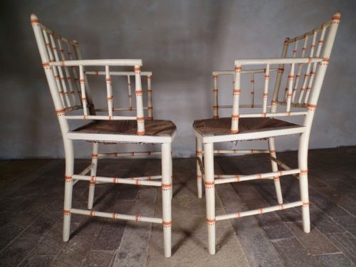 PAIR OF ANTIQUE FAUX BAMBOO ELBOW SUSSEX RUSH SEAT PAINT CHAIR - ADDITIONAL PHOTO 8