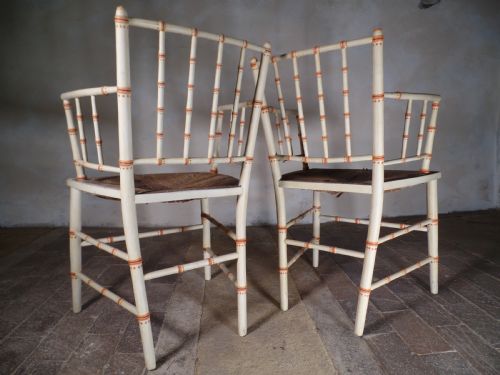 PAIR OF ANTIQUE FAUX BAMBOO ELBOW SUSSEX RUSH SEAT PAINT CHAIR - ADDITIONAL PHOTO 9