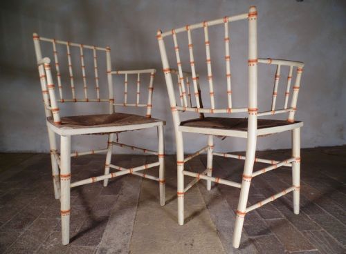 PAIR OF ANTIQUE FAUX BAMBOO ELBOW SUSSEX RUSH SEAT PAINT CHAIR - ADDITIONAL PHOTO 10