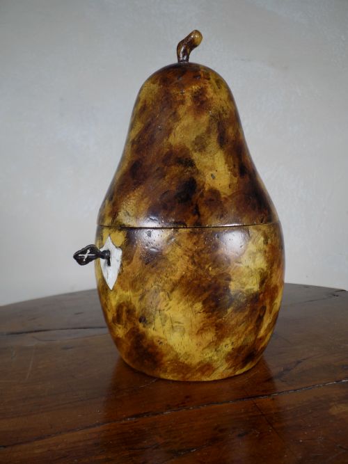 an antique pear tea caddy key fruitwood faux tortoise shell decorative paint - CATEGORY: ANTIQUE BOXES - DATED 19TH CENTURY