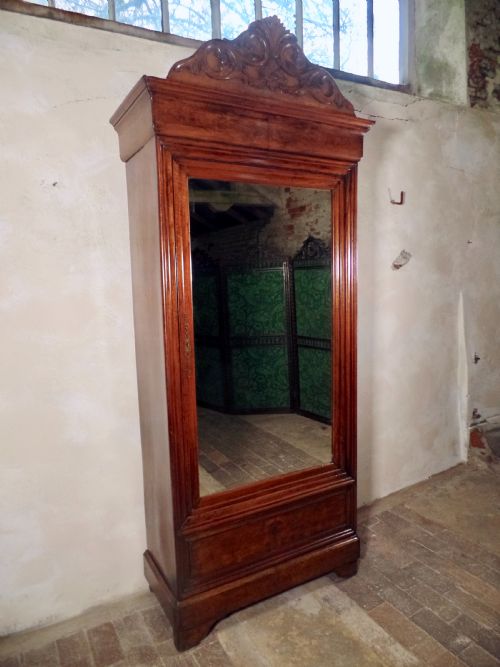 antique french walnut armoire wardrobe mirror fronted with shelves - CATEGORY: ANTIQUE WARDROBES - DATED 19TH CENTURY