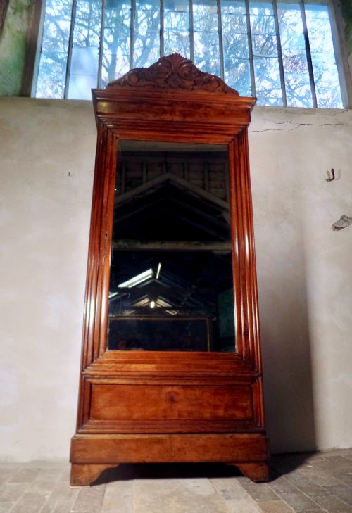 ANTIQUE FRENCH WALNUT ARMOIRE WARDROBE MIRROR FRONTED WITH SHELVES - ADDITIONAL PHOTO 6