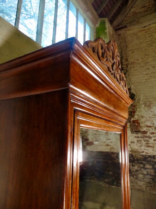 ANTIQUE FRENCH WALNUT ARMOIRE WARDROBE MIRROR FRONTED WITH SHELVES - ADDITIONAL PHOTO 11