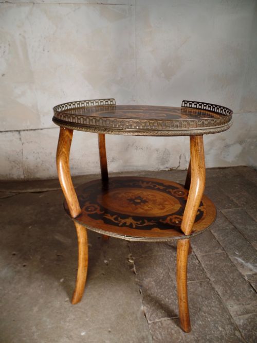 antique french etagere walnut bronze twotier side table inlaid marqutery - CATEGORY: ANTIQUE TABLES - DATED 19TH CENTURY